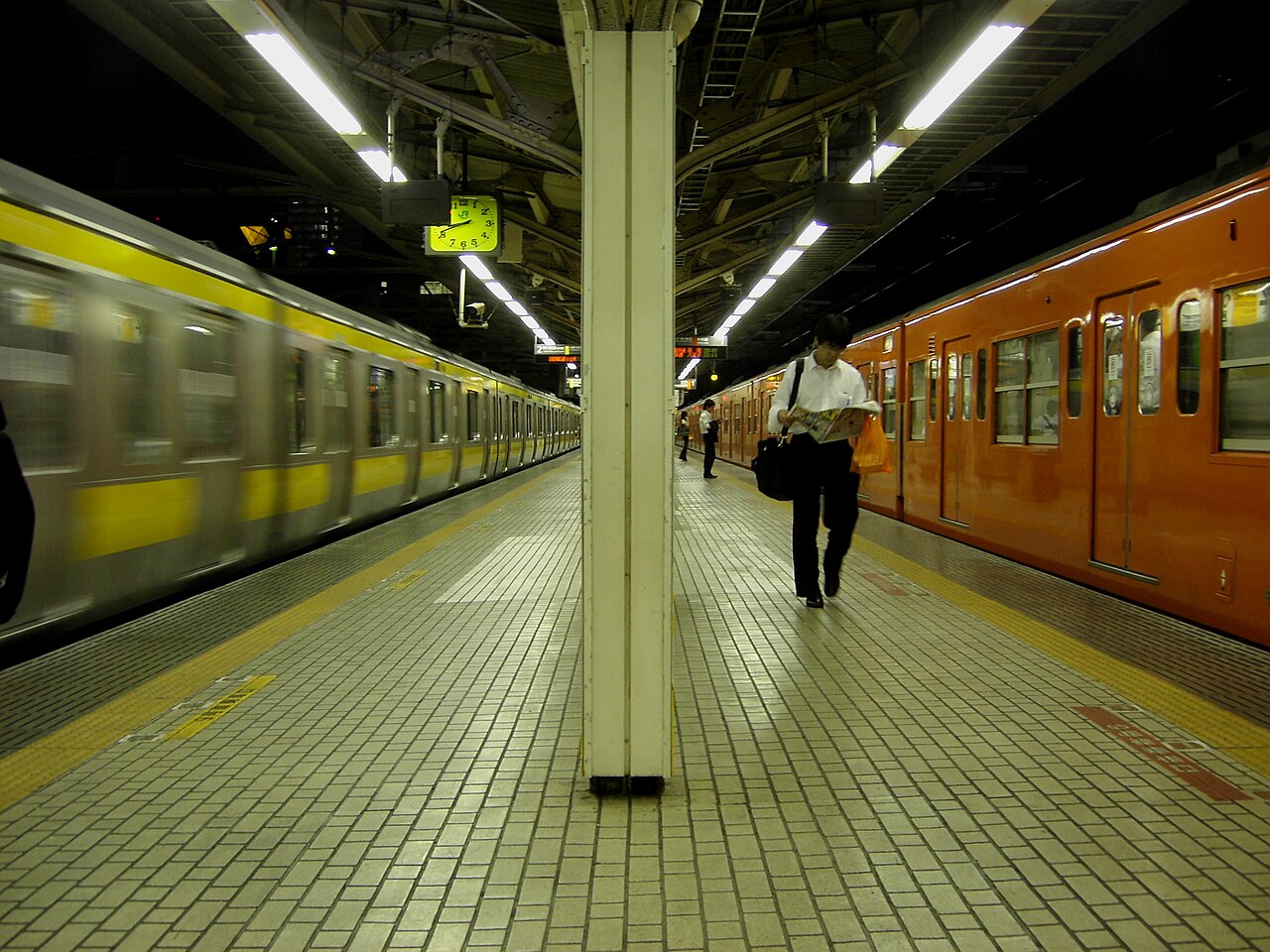 a station of JR East with commuter trains in Tokyo Metropolitan Area